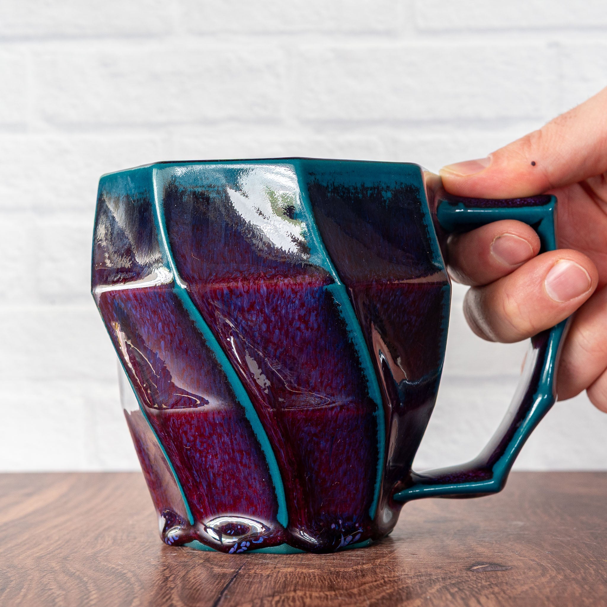 Hammerly Ceramics handmade slip-cast Classic Mug inglossy deep crimson and teal, faceted porcelain with angular handle