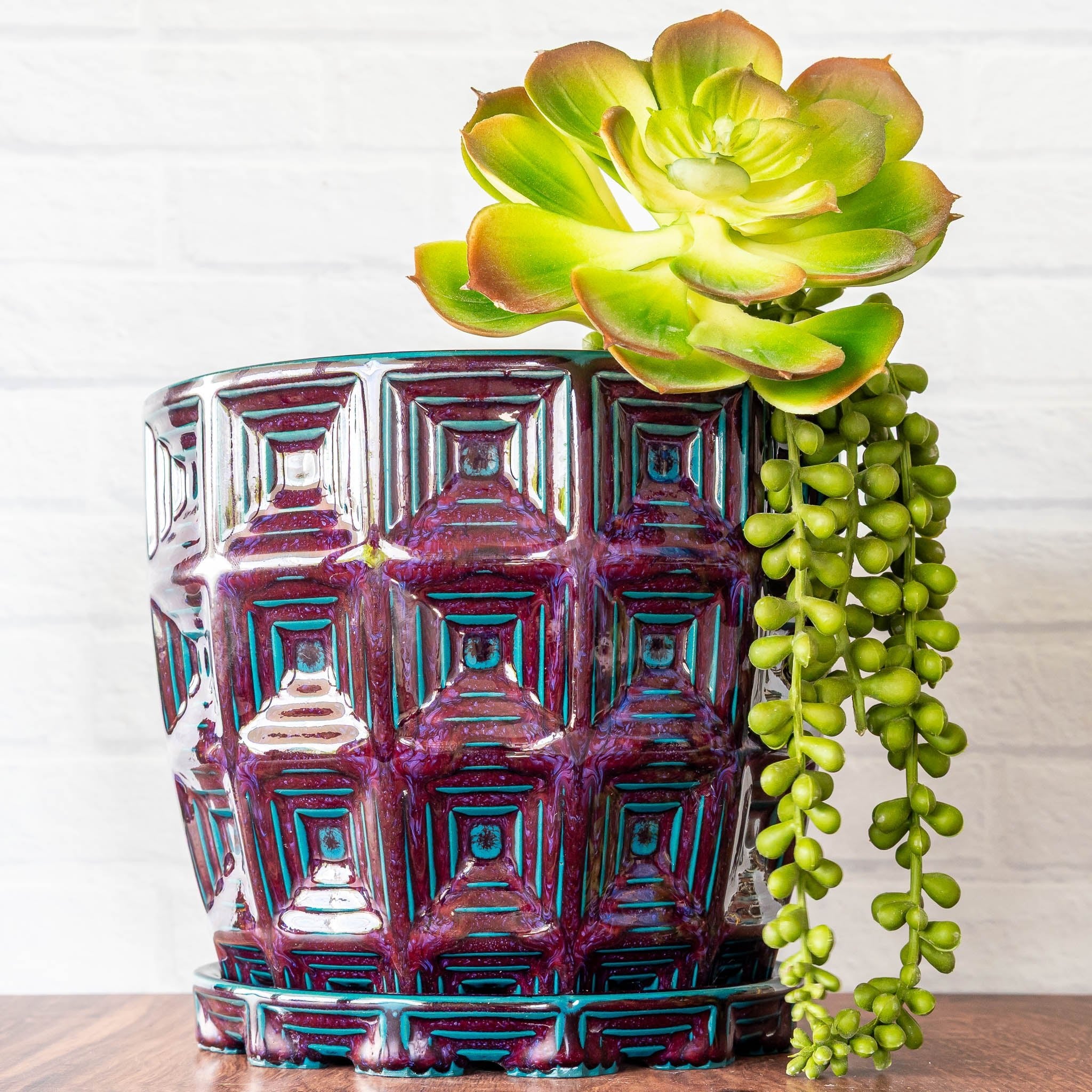 Hammerly Ceramics handmade slip-cast planter in glossy deep crimson and teal, barrel-shaped with concentric recessed squares