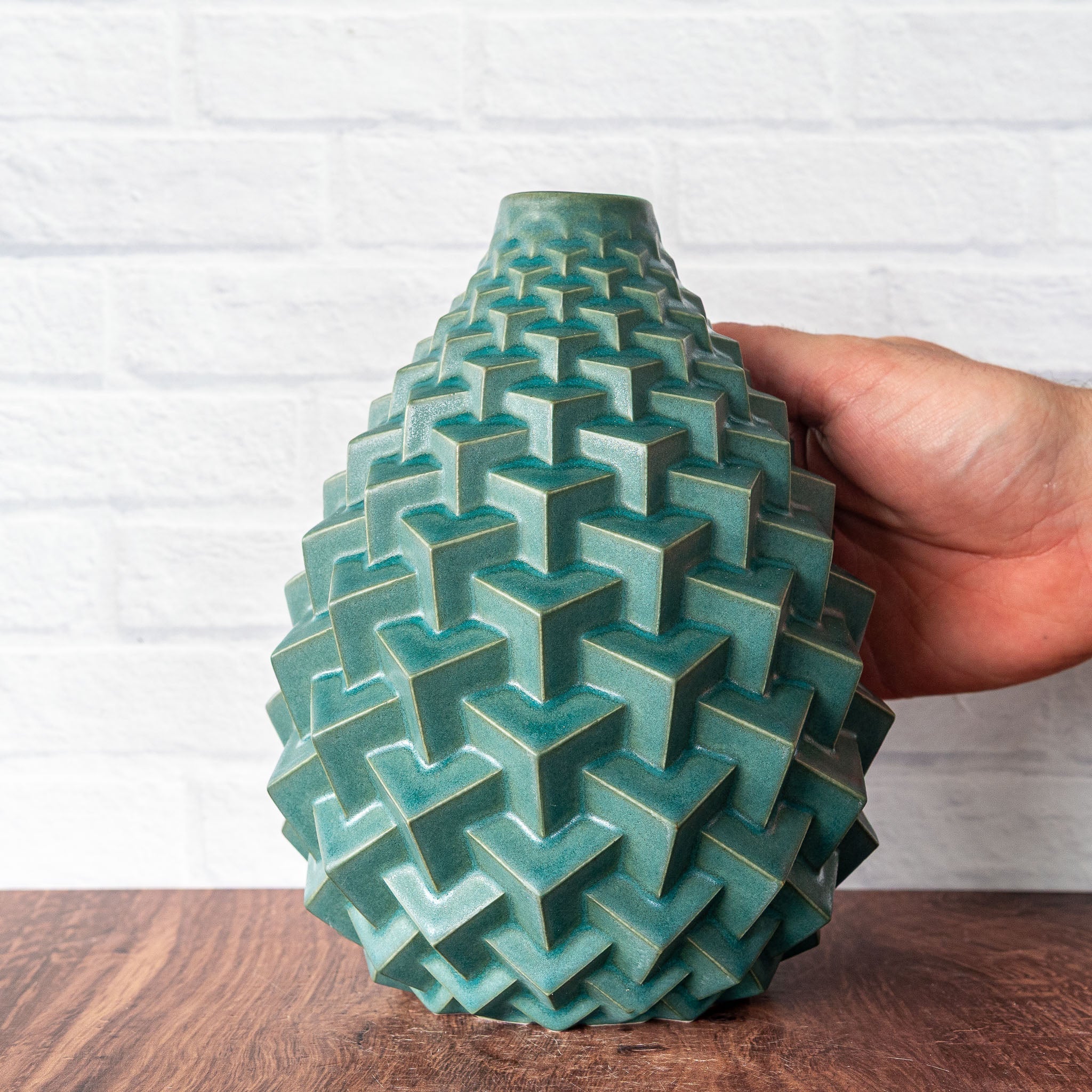 Hammerly Ceramics handmade slip-cast Stacked Cubes Vase in smooth, matte jade green, geometric textured porcelain