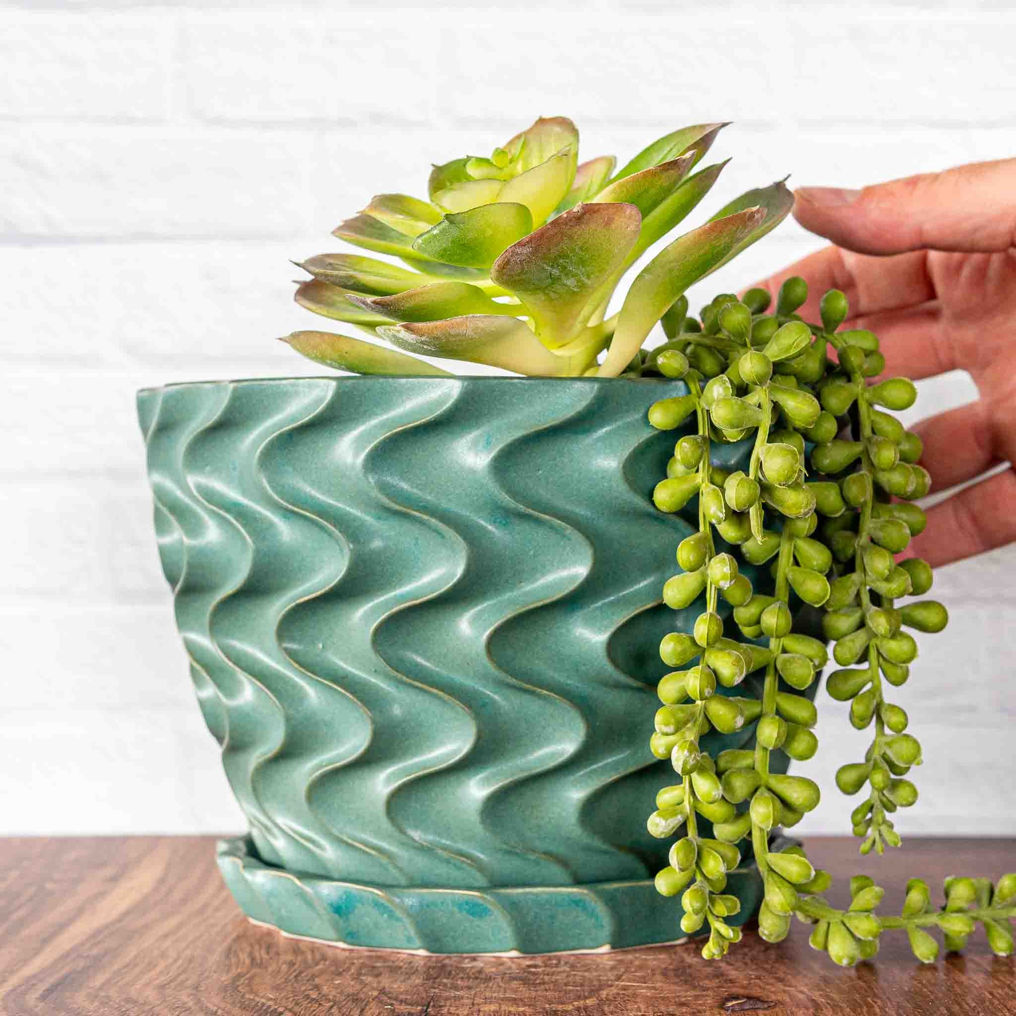Hammerly Ceramics handmade slip-cast planter in smooth, matte jade green, deep wavy textured porcelain with drip tray