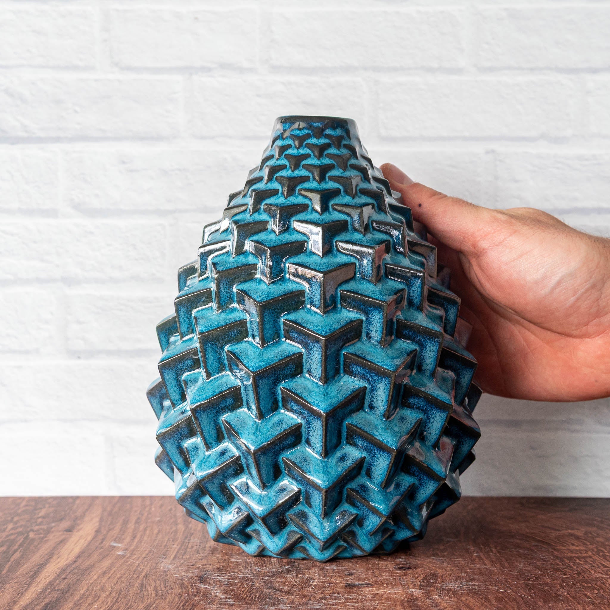 Hammerly Ceramics handmade slip-cast Stacked Cubes Vase in ocean blue glaze with dark charcoal edges, geometric textured porcelain