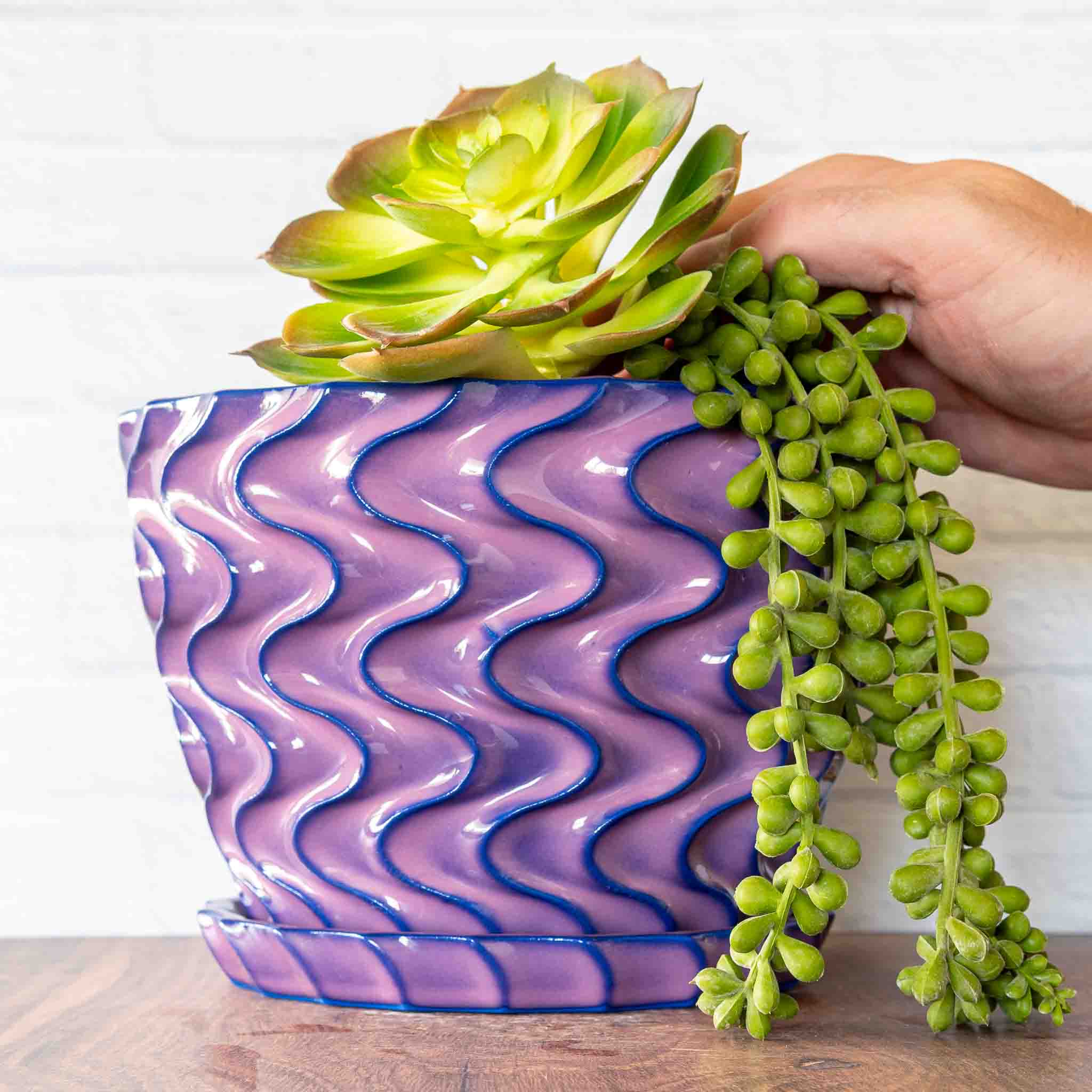 Hammerly Ceramics handmade slip-cast planter in violet over dark blue purple edges, deep wavy textured porcelain with drip tray