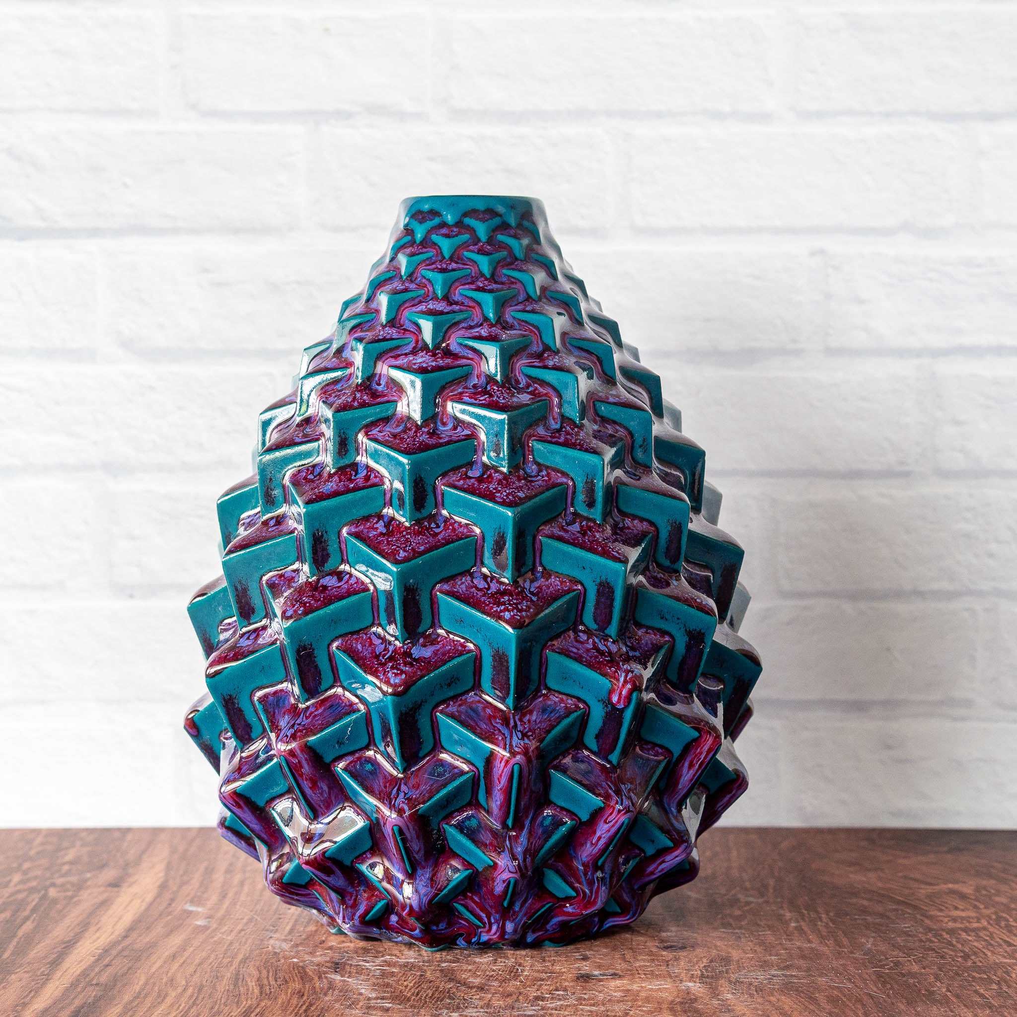 Hammerly Ceramics handmade slip-cast Stacked Cubes Vase in glossy deep crimson and teal , geometric textured porcelain