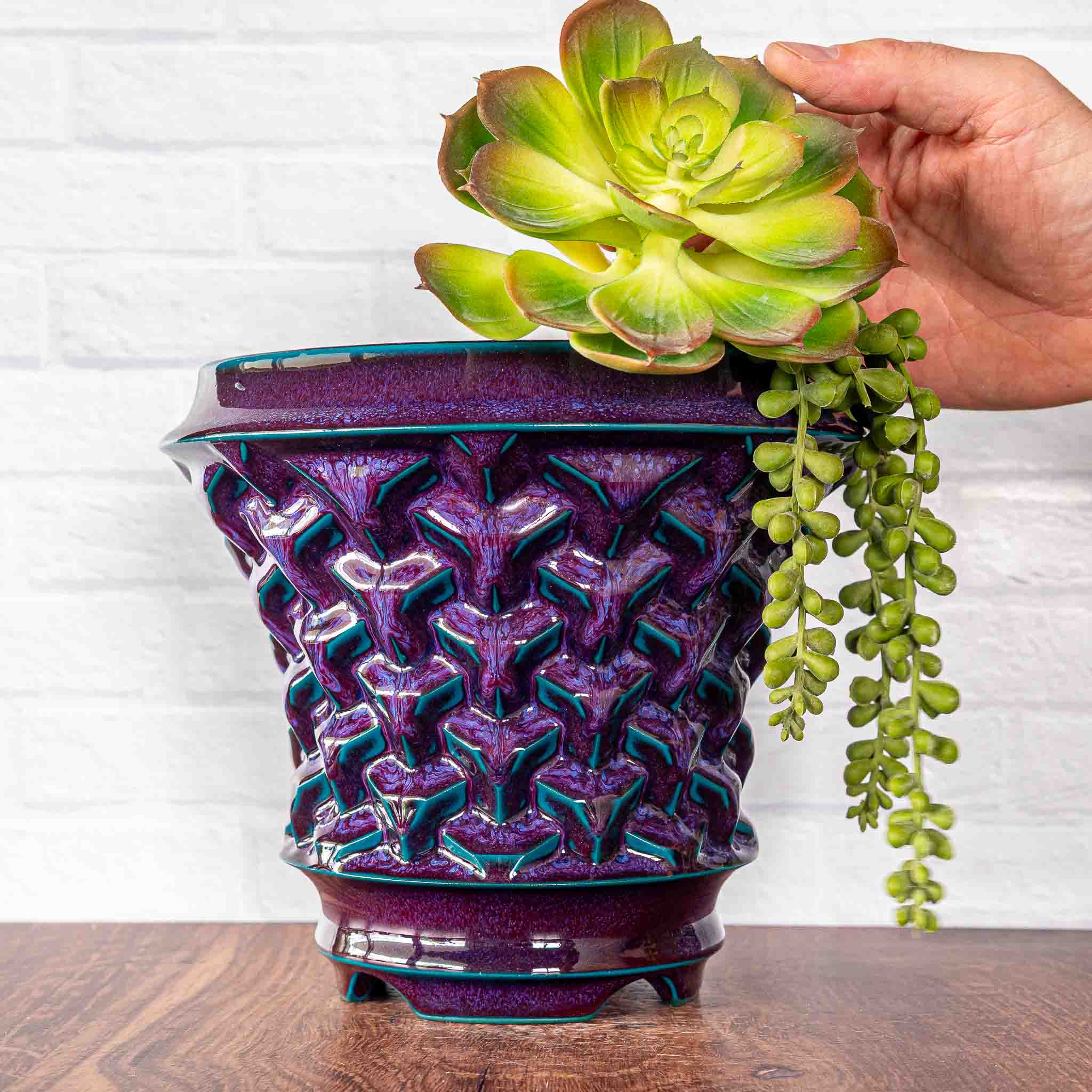 Hammerly Ceramics handmade slip-cast planter in glossy deep crimson and teal, geometric repeating truncated cubes texture