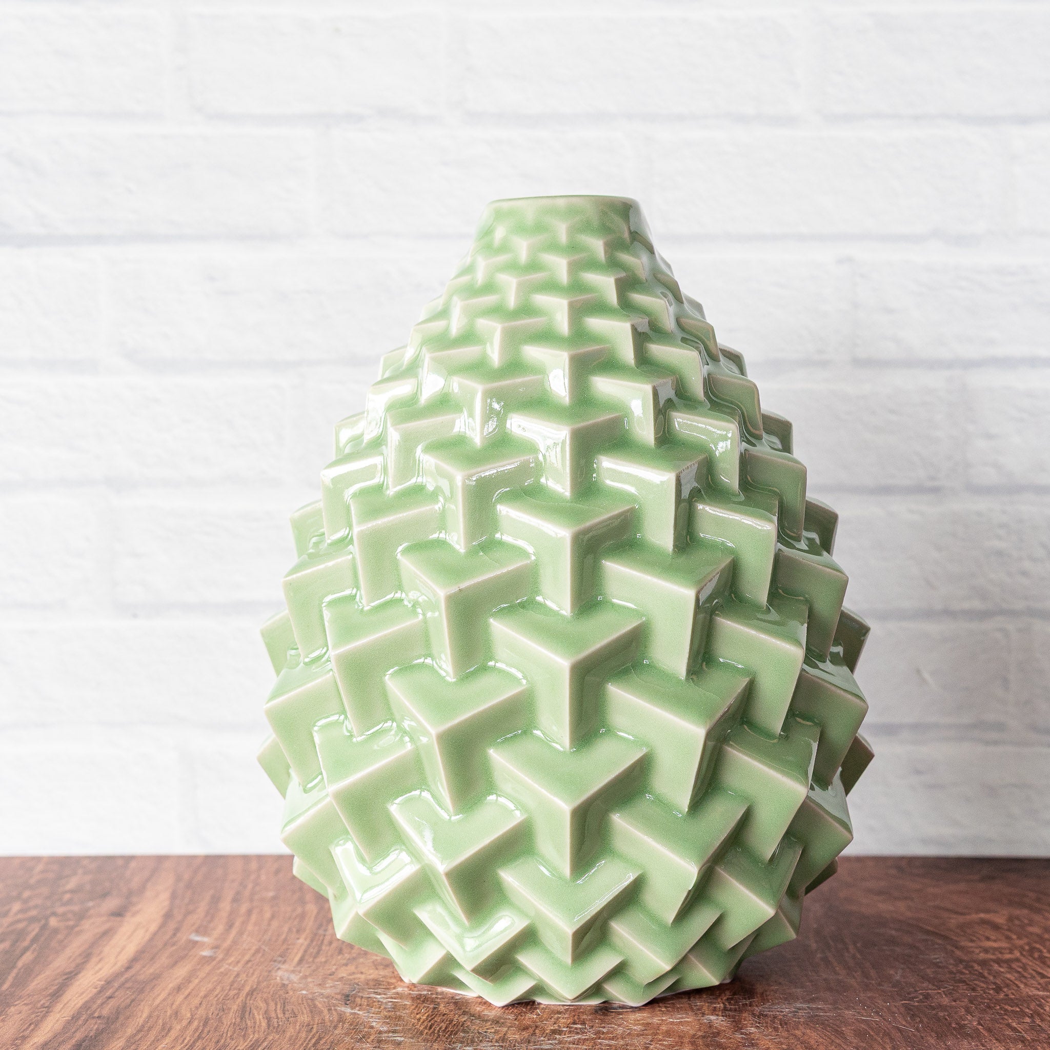 Hammerly Ceramics handmade slip-cast Stacked Cubes Vase in glossy, translucent green celadon glaze, geometric textured porcelain
