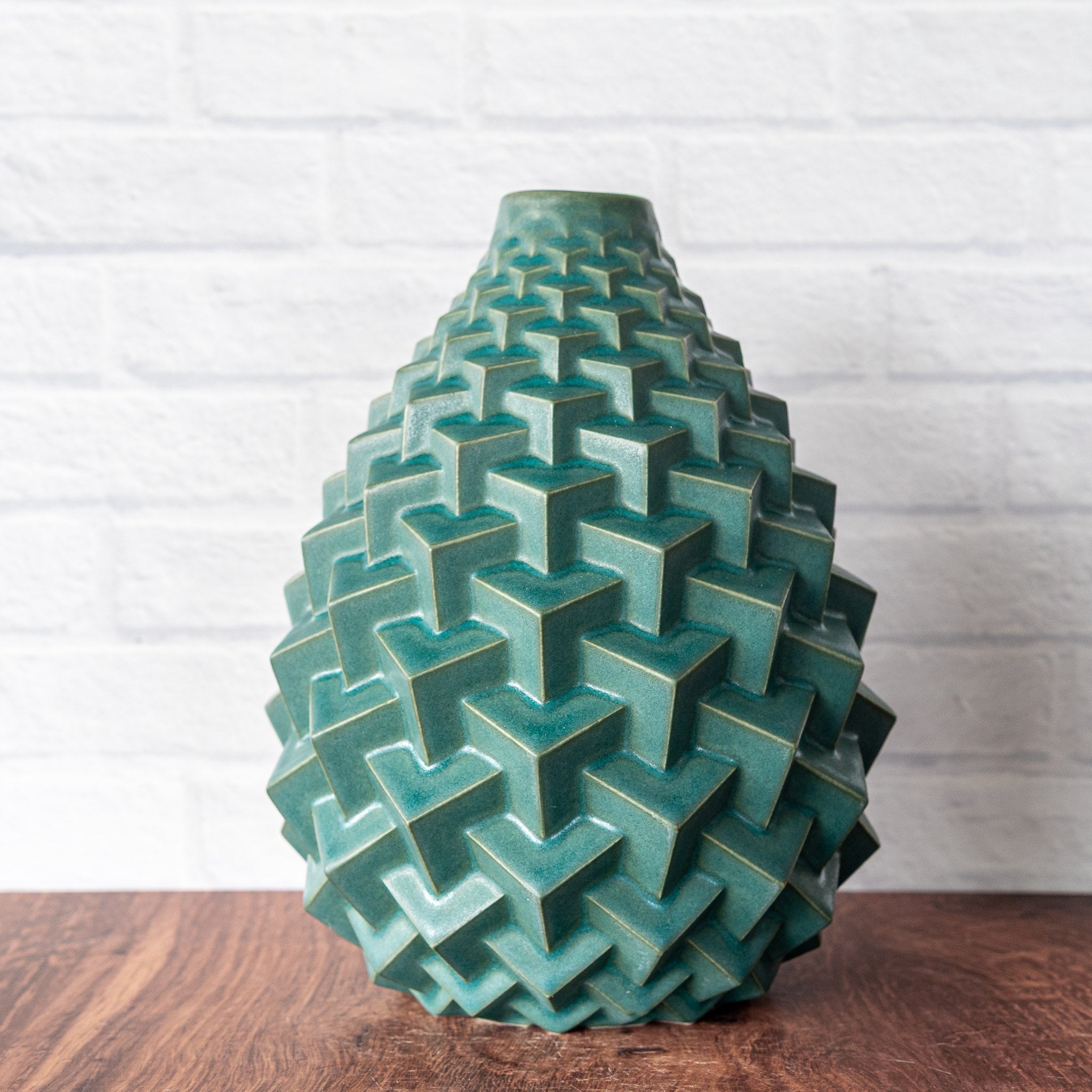 Hammerly Ceramics handmade slip-cast Stacked Cubes Vase in smooth, matte jade green, geometric textured porcelain