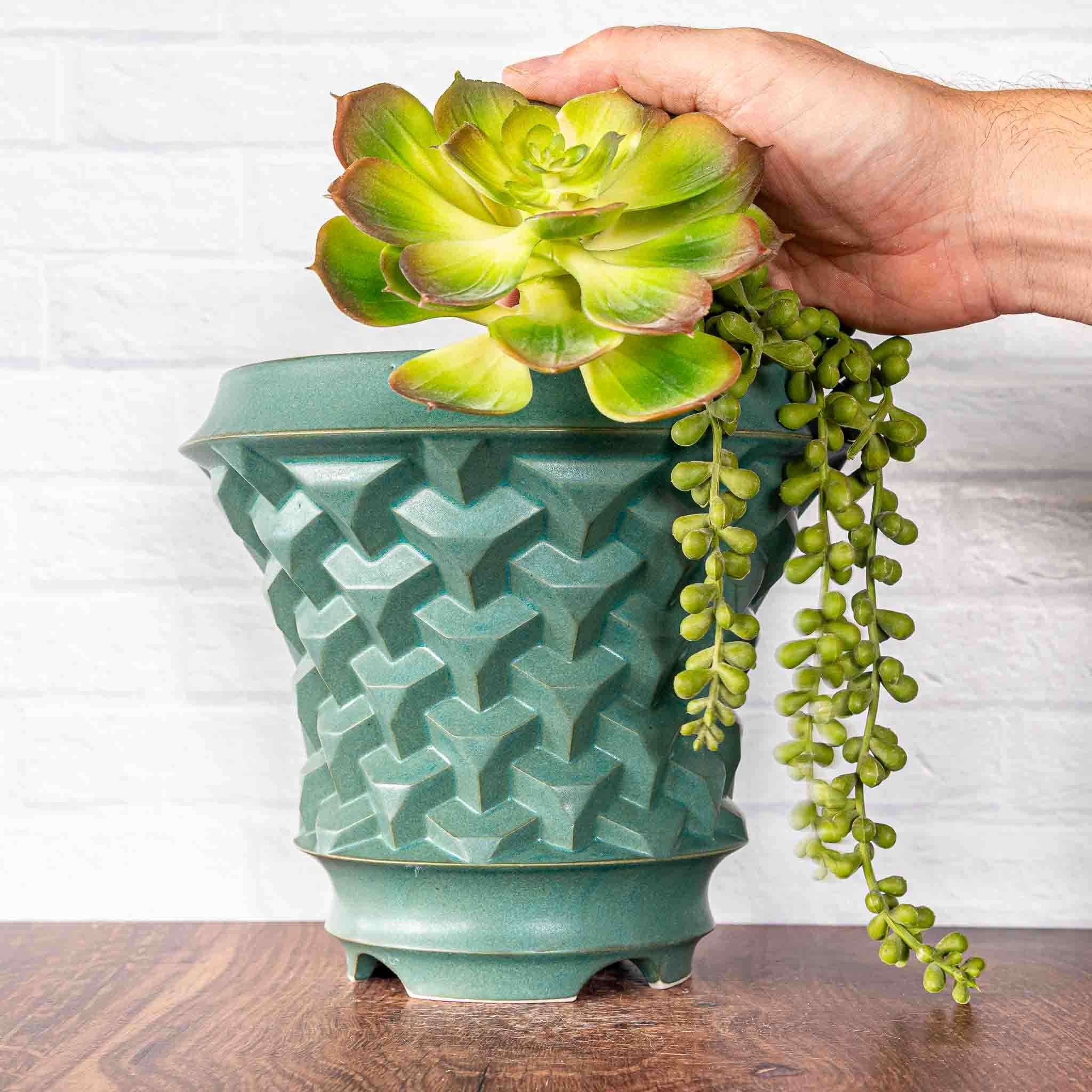 Hammerly Ceramics handmade slip-cast planter in smooth, matte jade green, geometric repeating truncated cubes texture