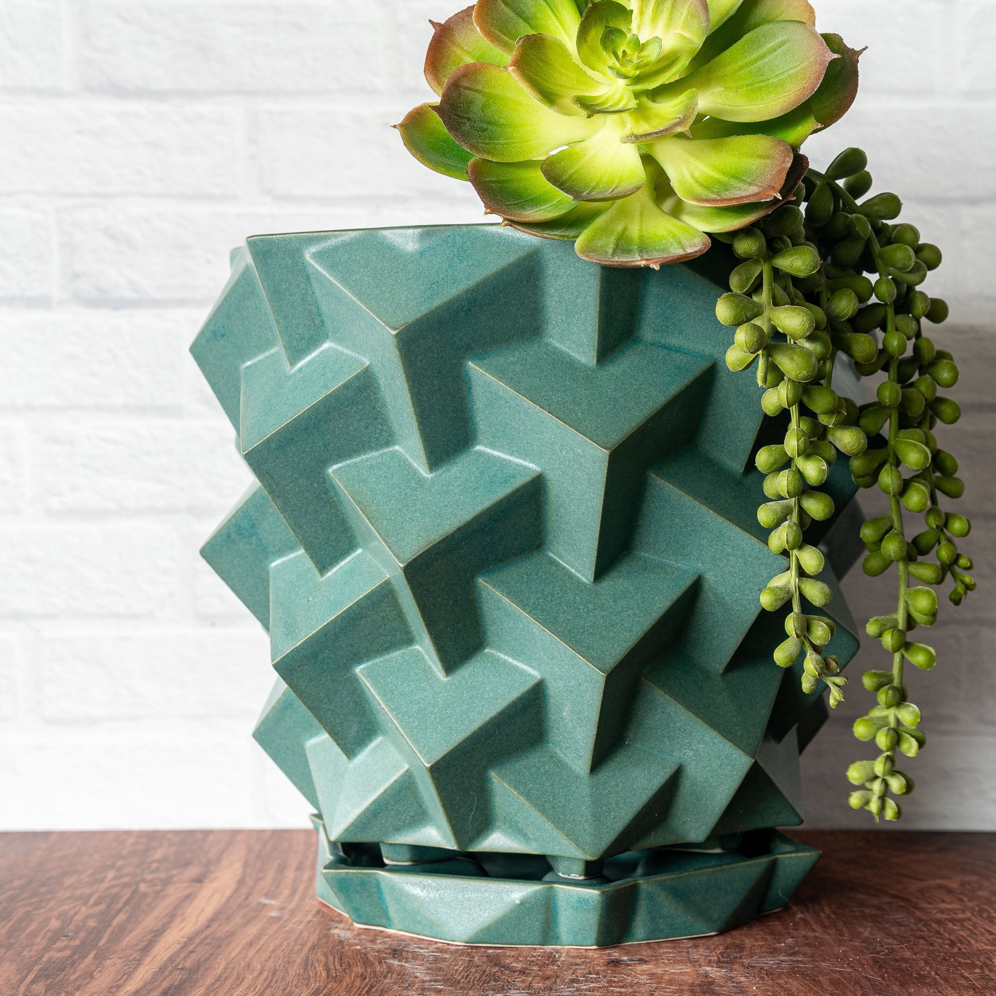 Hammerly Ceramics handmade slip-cast planter in smooth, matte jade green, geometric cubes textured porcelain