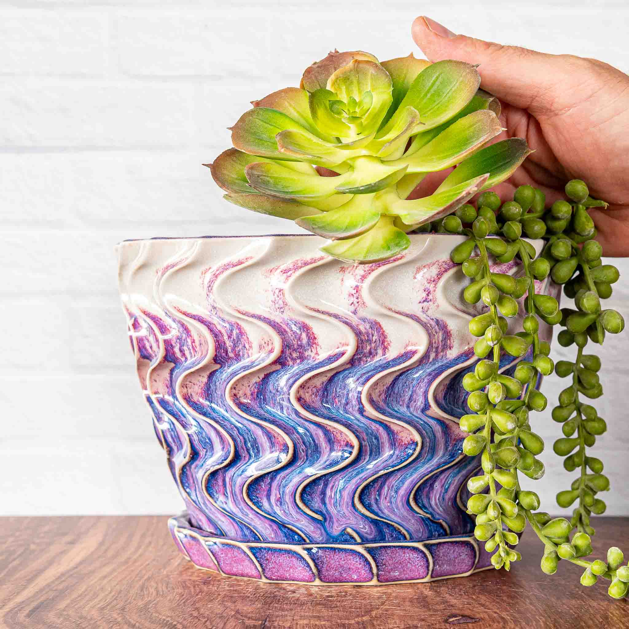 Hammerly Ceramics handmade slip-cast planter in white and deep navy glaze with purple drip transition, deep wavy textured porcelain with drip tray