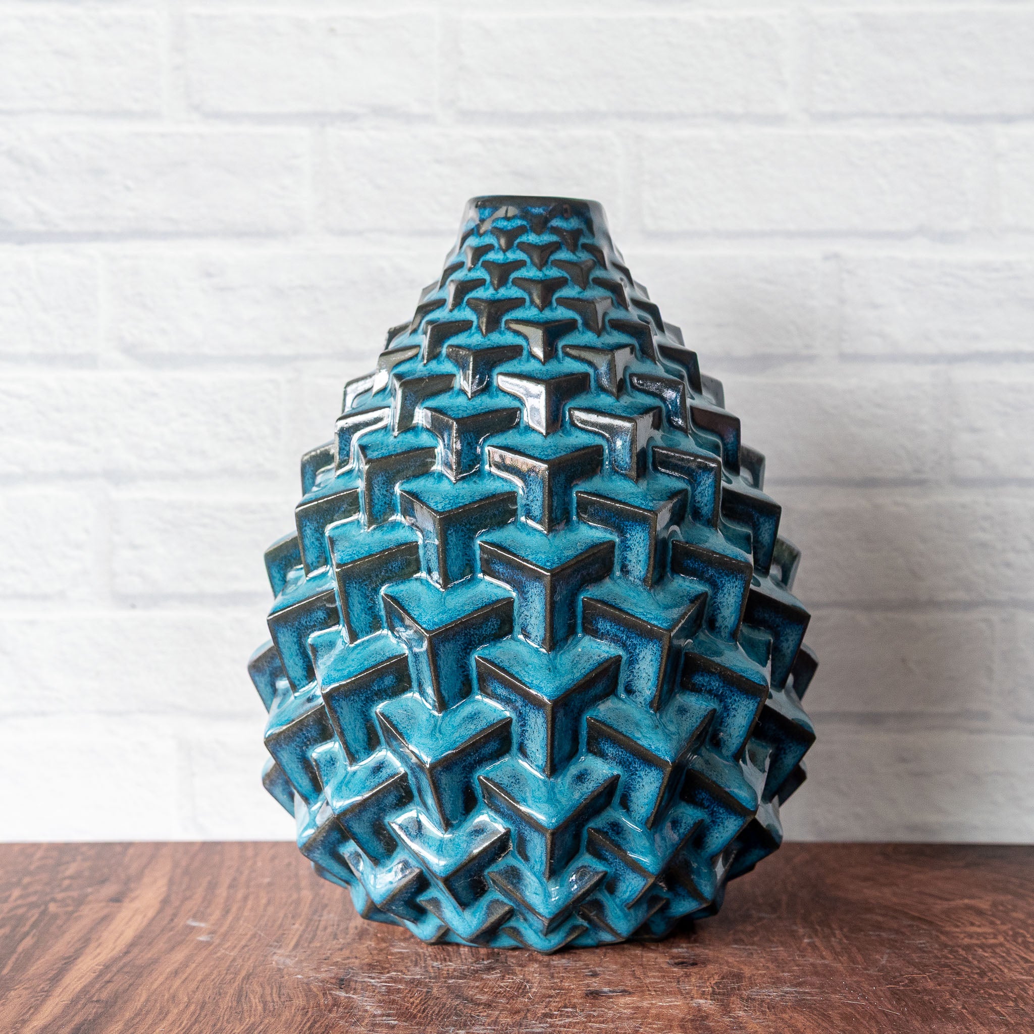 Hammerly Ceramics handmade slip-cast Stacked Cubes Vase in ocean blue glaze with dark charcoal edges, geometric textured porcelain