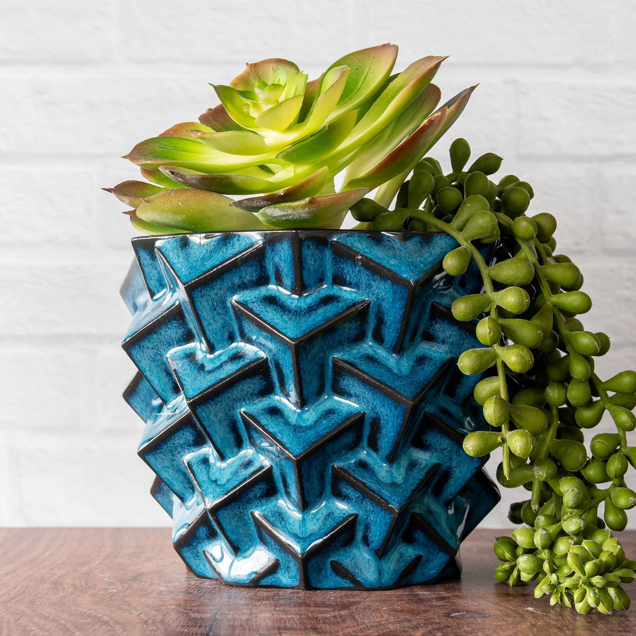 Hammerly Ceramics handmade slip-cast planter in ocean blue glaze with dark charcoal edges, geometric cubes textured porcelain