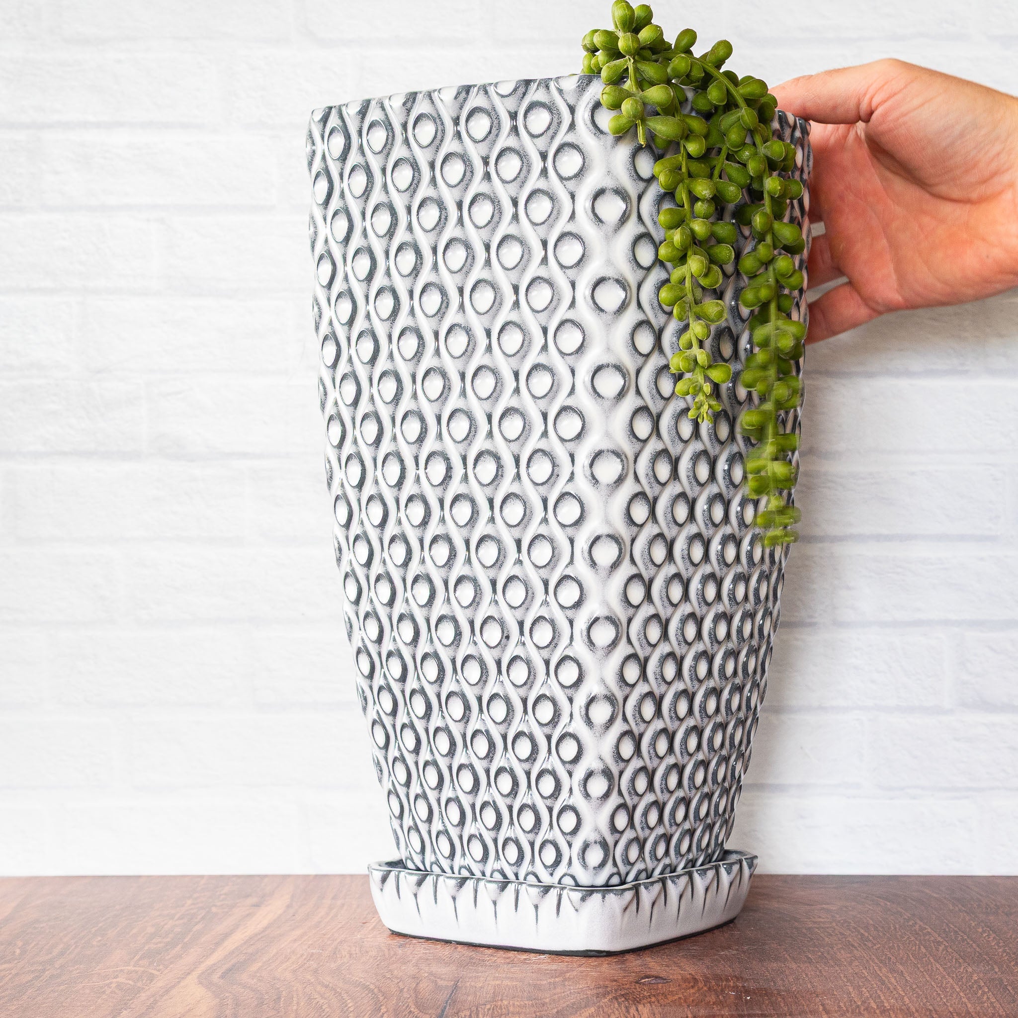 Hammerly Ceramics handmade slip-cast planter in bright white over charcoal edges, interlocking oval textured porcelain with drip tray