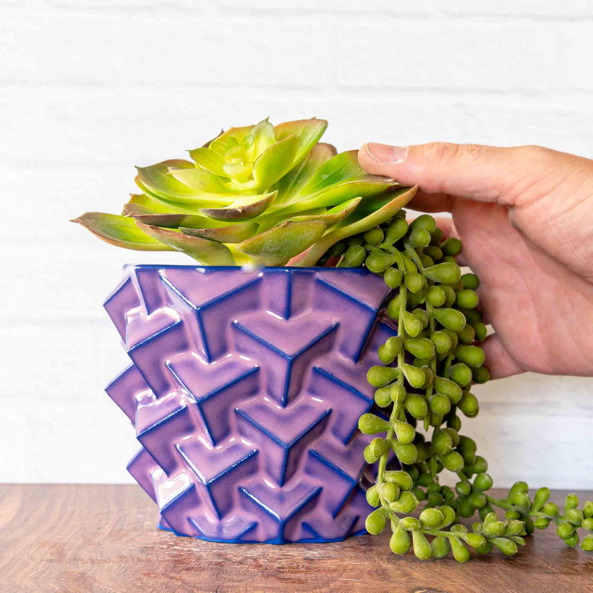 Hammerly Ceramics handmade slip-cast planter in violet over dark blue purple edges, geometric cubes textured porcelain