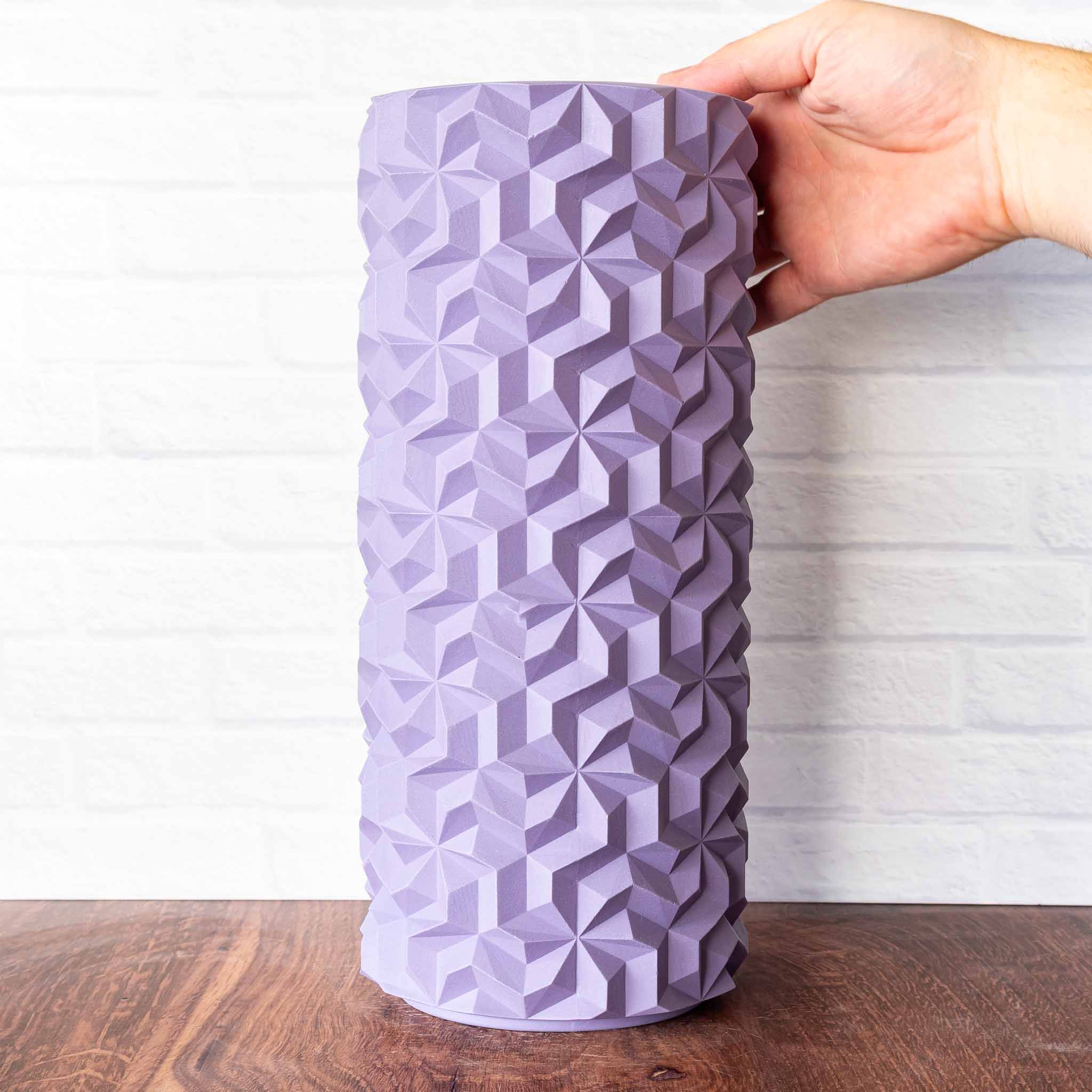 Hammerly Ceramics handmade slip-cast vase in purple matte , interlocking geometric weave textured porcelain